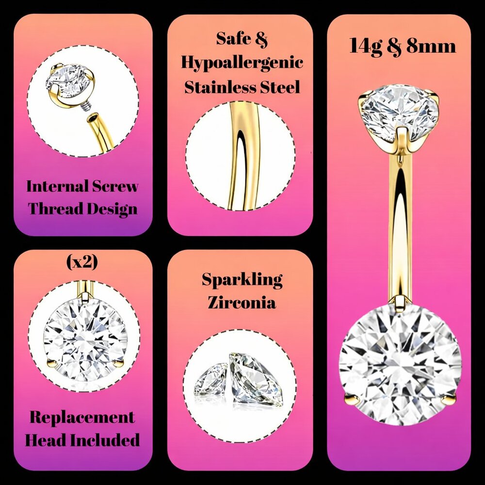14g Gold-tone Stainless Belly Button Ring Internal Thread CZ w/ Extra Head 8mm